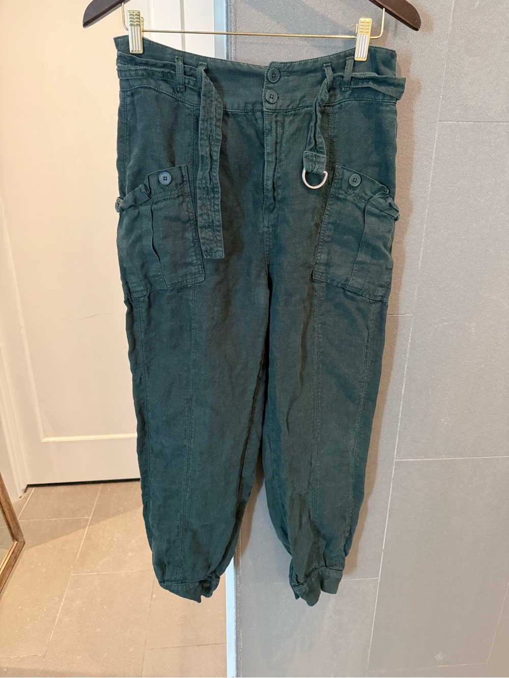 Wrap London Tapered Linen Cargo Trousers D-Ring Belt Green US 6